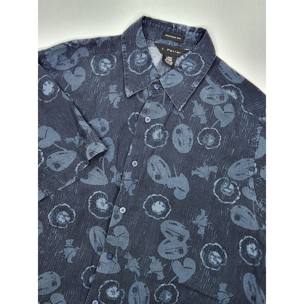 J. Ferrar Mens L 100% Washable Silk Short‎ Sleeve Button Up Blue Floral Shirt